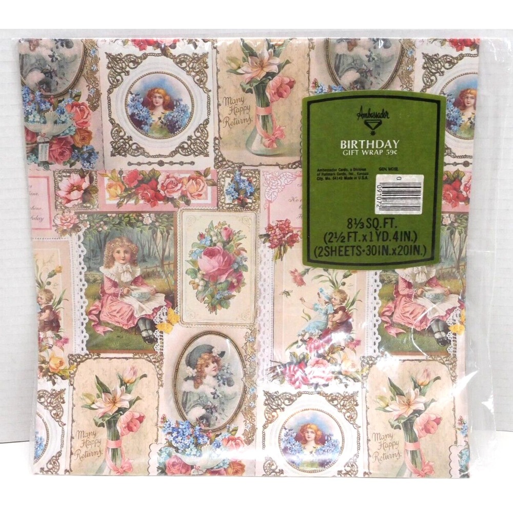 VTG Victorian 2 Sheets Birthday Gift Wrap Wrapping Paper Ambassador